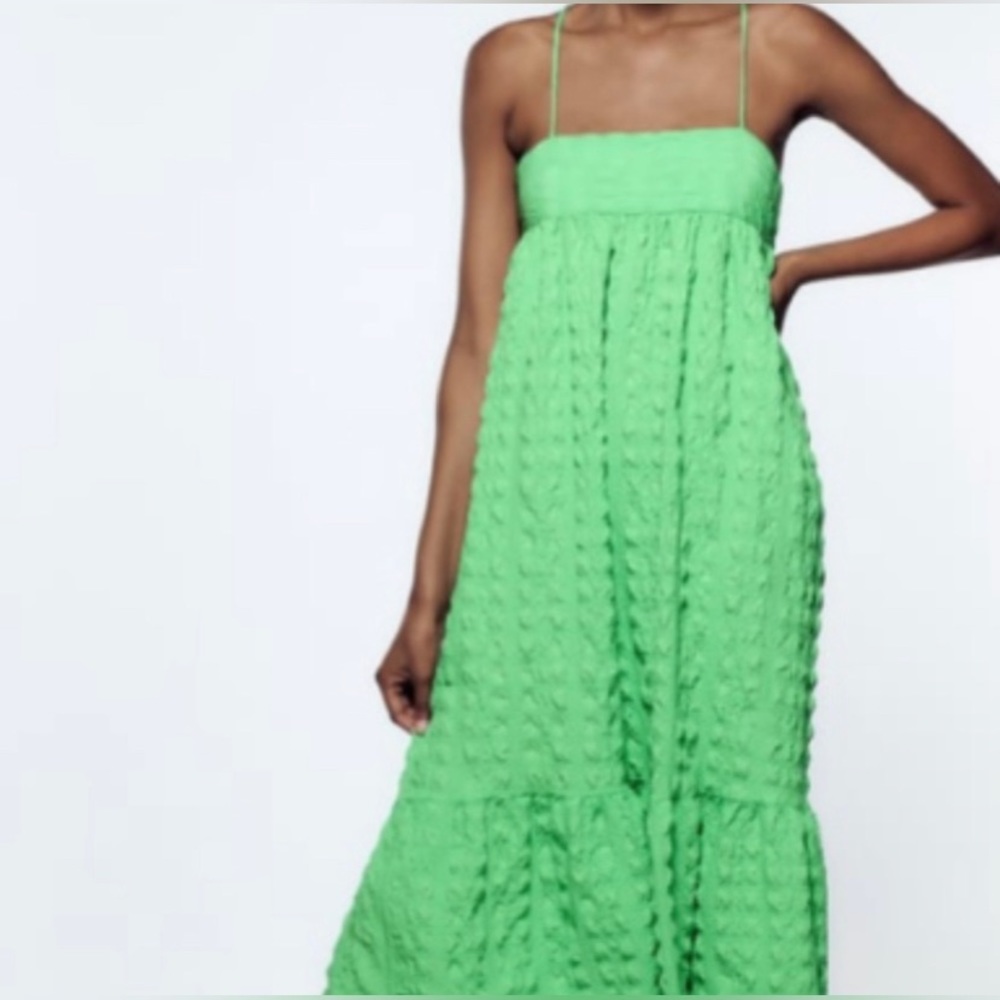 ZARA NWT!!! GREEN TEXTURED LONG STRAPPY DRESS 7385/357